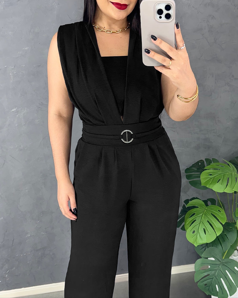 Elegant Chic Wide-Leg Jumpsuit with Pockets and Adjustable Straps