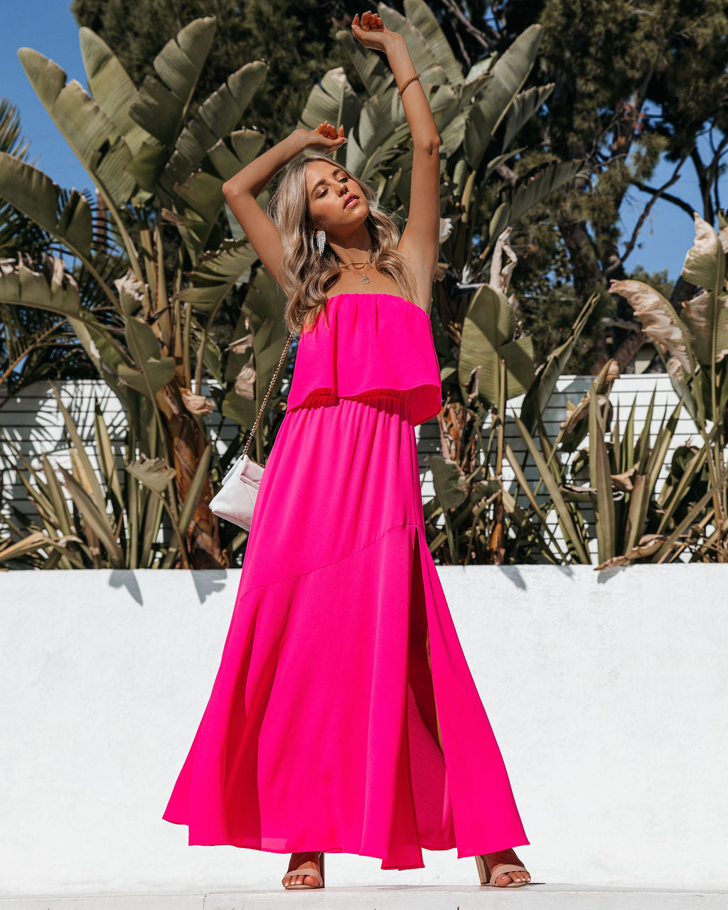 Vivid Strapless Slit Maxi Dress Hot Pink