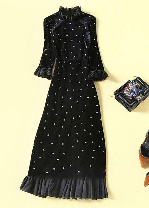 Vogue Black Turtleneck Nail Bead Silk Velvet Maxi Dress Spring - View 2