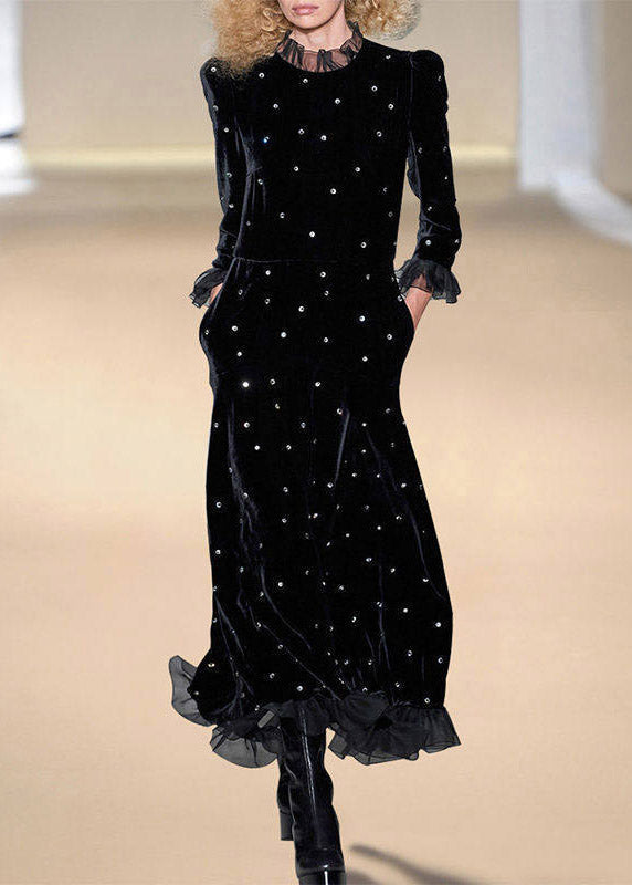 Vogue Black Turtleneck Nail Bead Silk Velvet Maxi Dress Spring - View 3