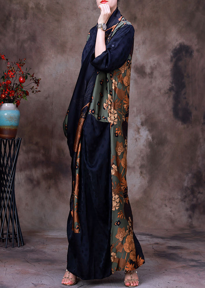Patchwork Metallic Floral Geometric Print Draped Wrap Front Half Sleeve Maxi Dress