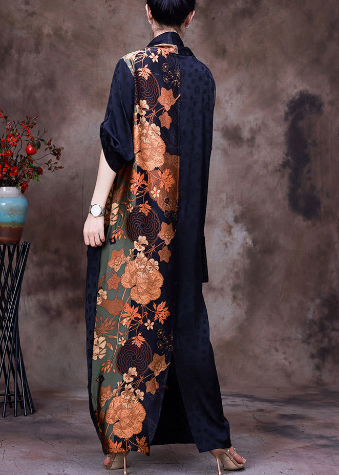 Patchwork Metallic Floral Geometric Print Draped Wrap Front Half Sleeve Maxi Dress