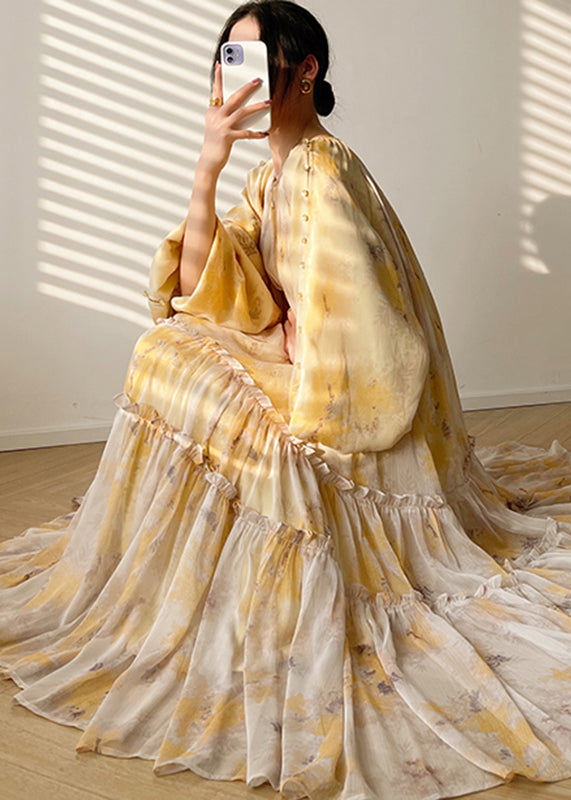 Vogue Yellow O-Neck Print Tie Waist Chiffon Maxi Dresses Long Sleeve - View 2