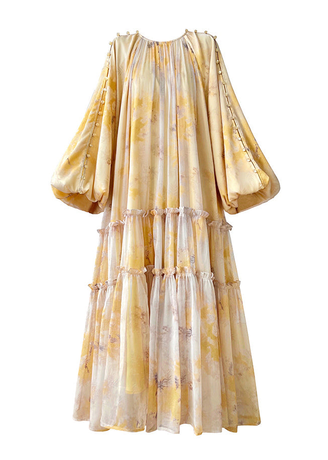 Vogue Yellow O-Neck Print Tie Waist Chiffon Maxi Dresses Long Sleeve - View 5
