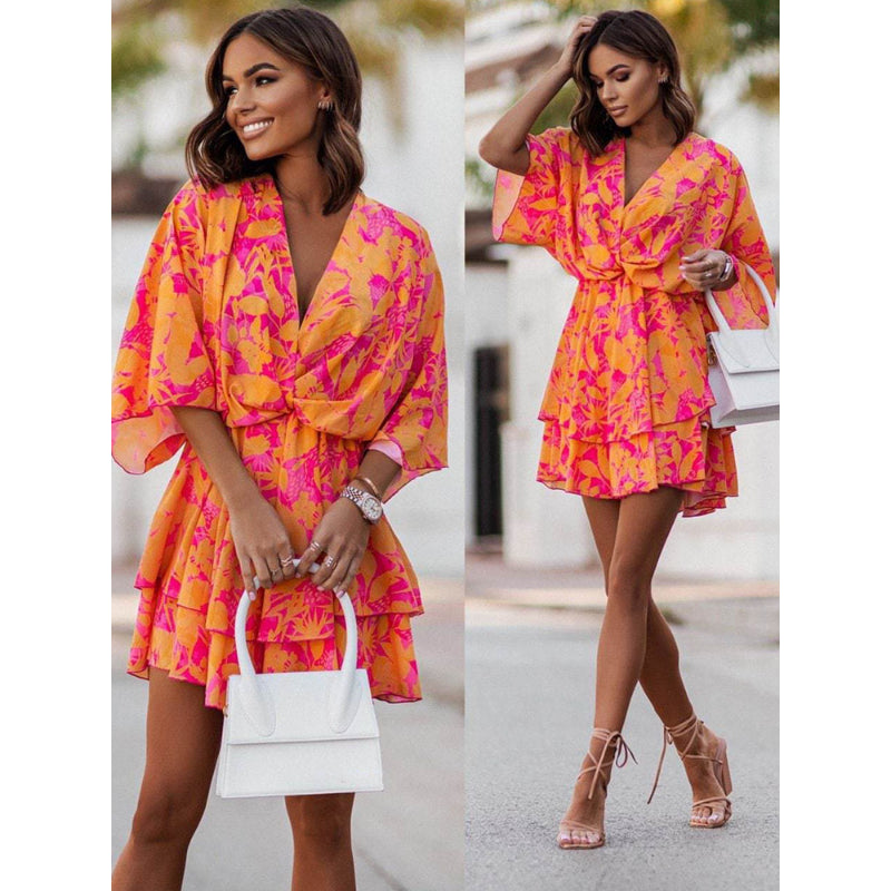 Floral Print V-Neck Kimono Sleeve Twist Front Tiered Mini Dress