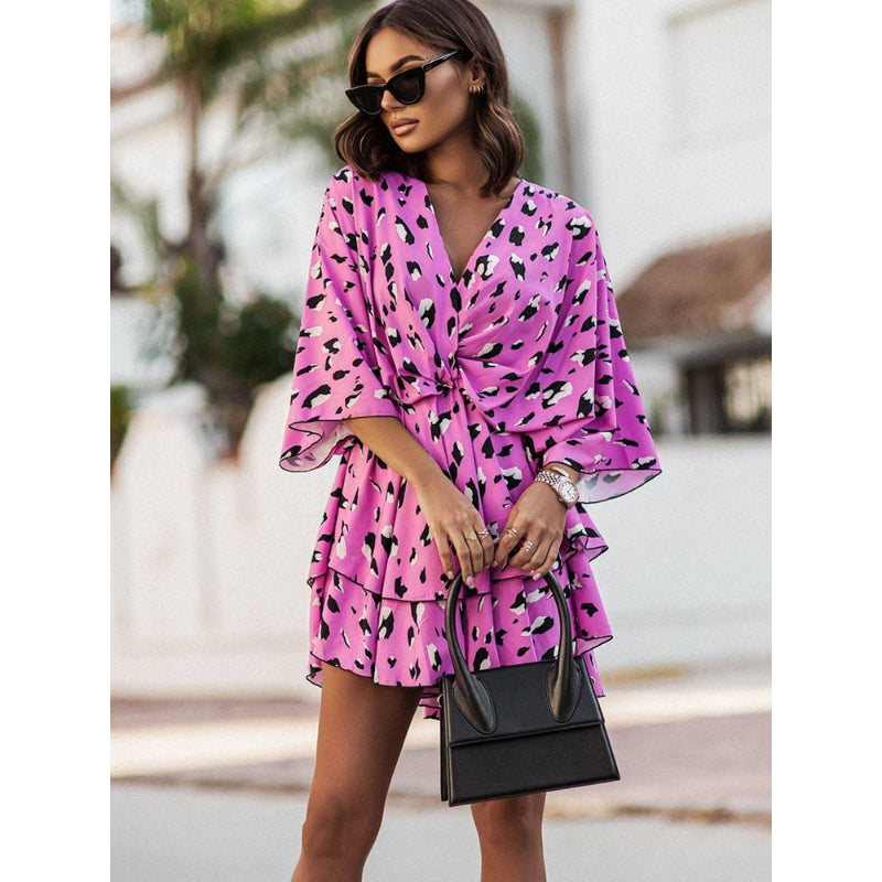 Floral Print V-Neck Kimono Sleeve Twist Front Tiered Mini Dress