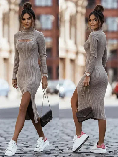 Knit Mock Neck Long Sleeve Cut Out High Split Bodycon Midi Dress