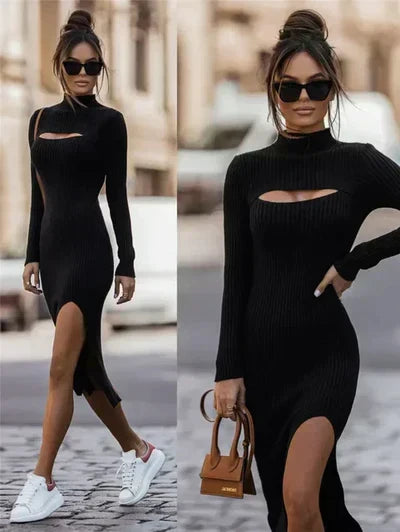 Knit Mock Neck Long Sleeve Cut Out High Split Bodycon Midi Dress