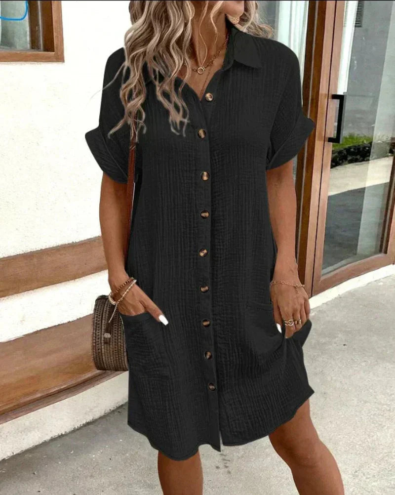 Hailey - Women’s Retro Cotton Shirt Dress Black