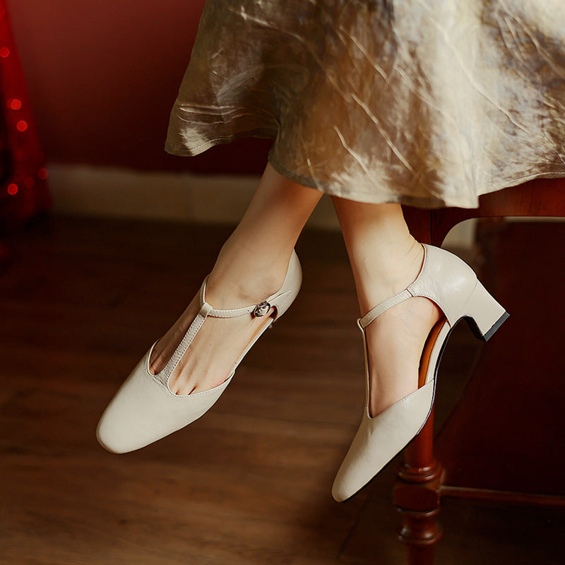 Square Toe T-Strap Block Heel Pumps