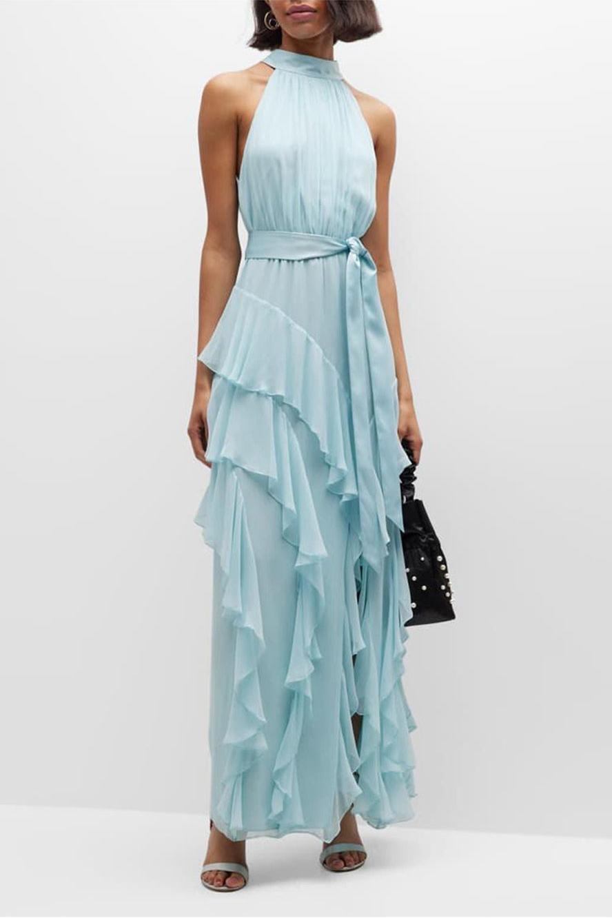 Chiffon Sleeveless Frill Split Midi Dress With Belt in blue - View 3
