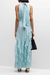 Chiffon Sleeveless Frill Split Midi Dress With Belt in blue - View 2