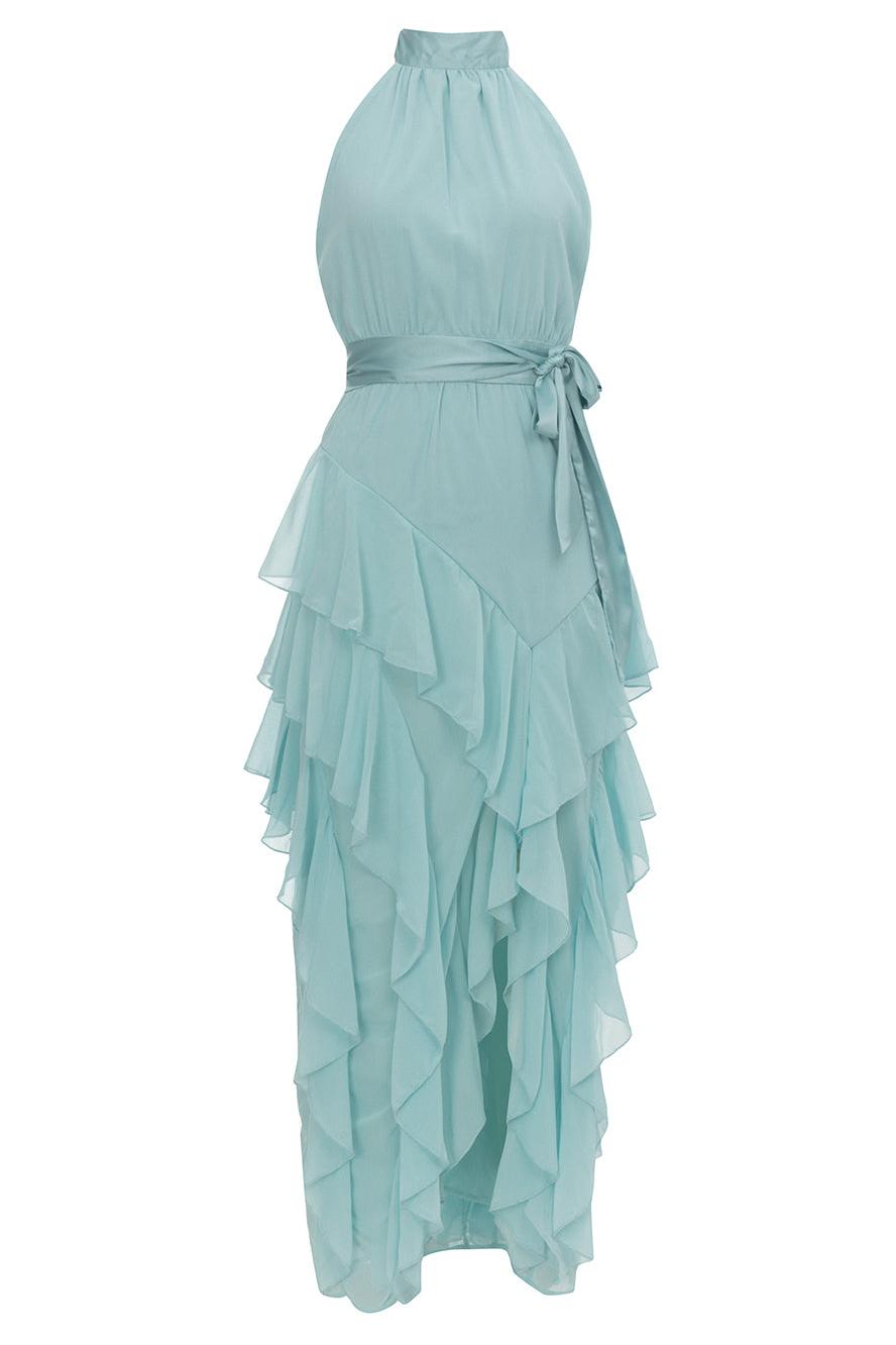 Chiffon Sleeveless Frill Split Midi Dress With Belt in blue - View 4
