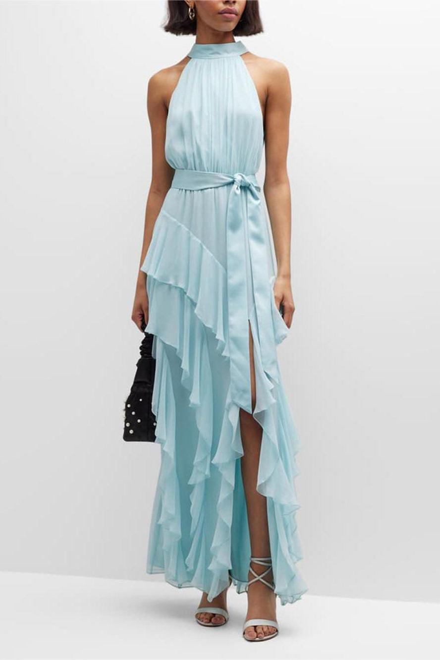 Chiffon Sleeveless Frill Split Midi Dress With Belt in blue
