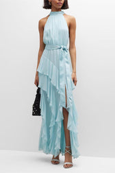 Chiffon Sleeveless Frill Split Midi Dress With Belt in blue