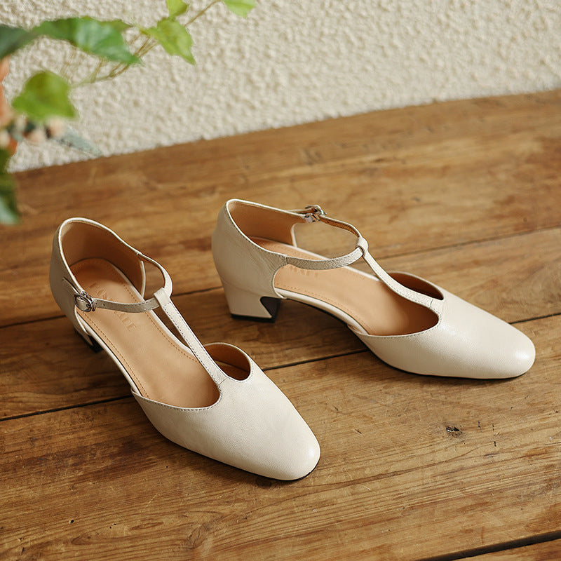 Square Toe T-Strap Block Heel Pumps