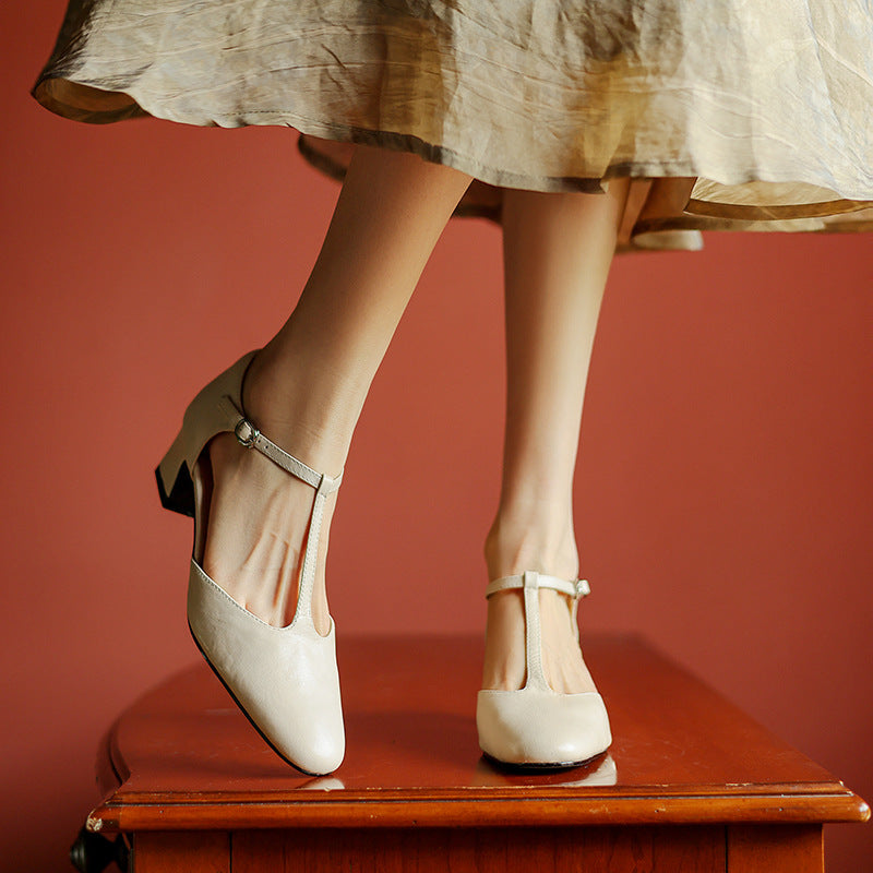 Square Toe T-Strap Block Heel Pumps
