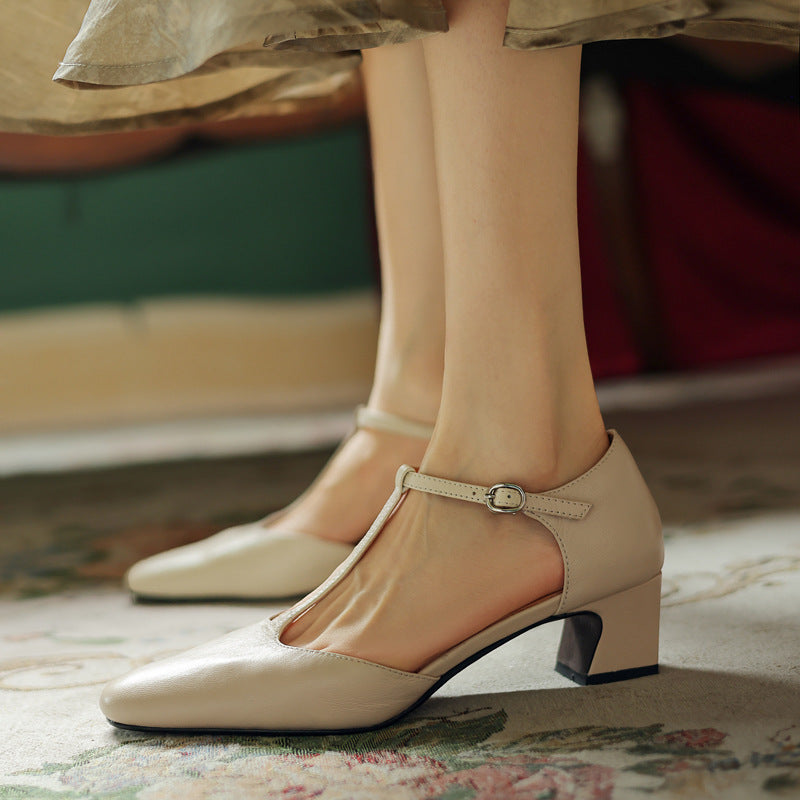 Square Toe T-Strap Block Heel Pumps