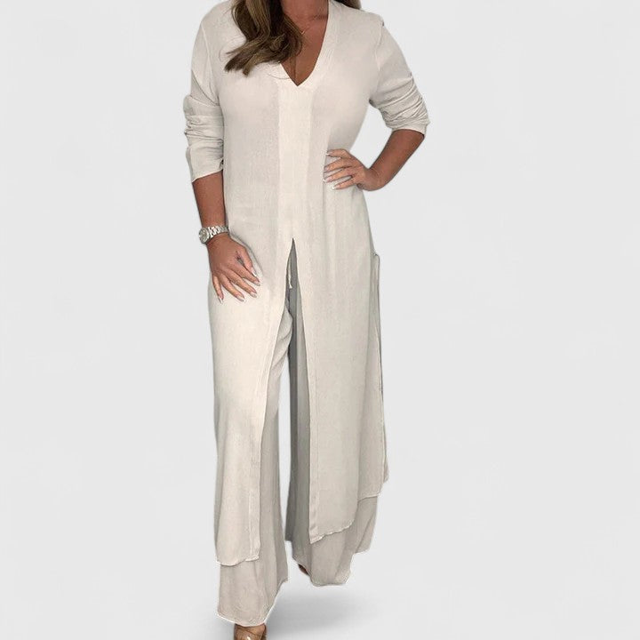 V-Neck Long Sleeve Split Hem Tunic and Wide Leg Pants Two Piece Set