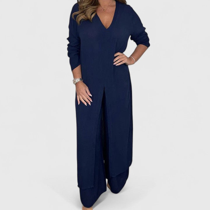 V-Neck Long Sleeve Split Hem Tunic and Wide Leg Pants Two Piece Set