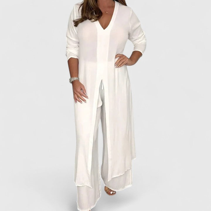 V-Neck Long Sleeve Split Hem Tunic and Wide Leg Pants Two Piece Set