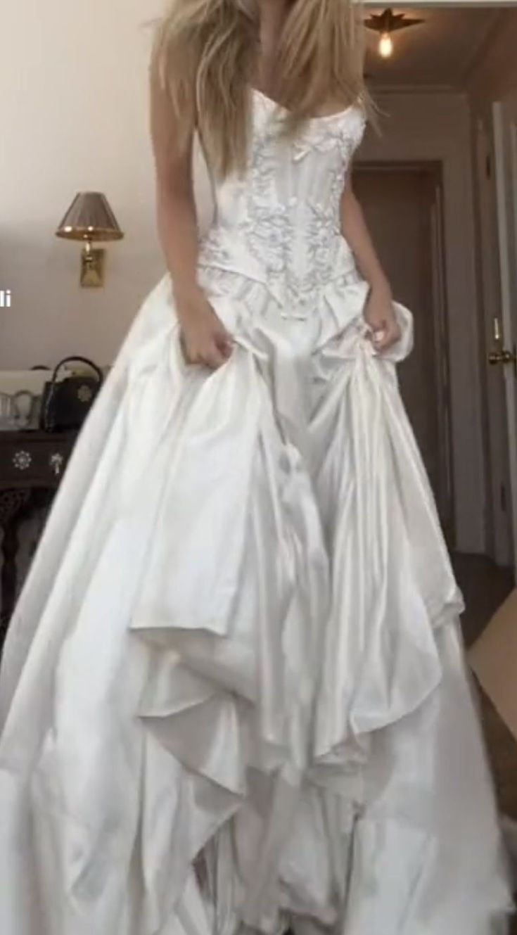 Charming Beaded Satin A Line Slit Prom Dress White Wedding Dress cc1430