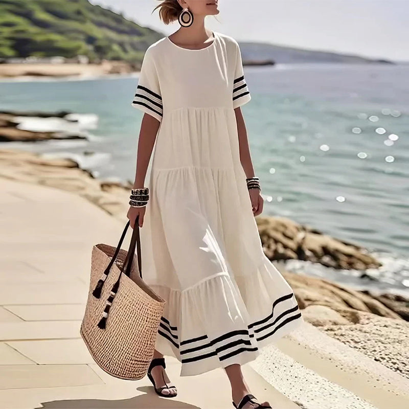 Striped Trim Short Sleeve Tiered Maxi Dress 5