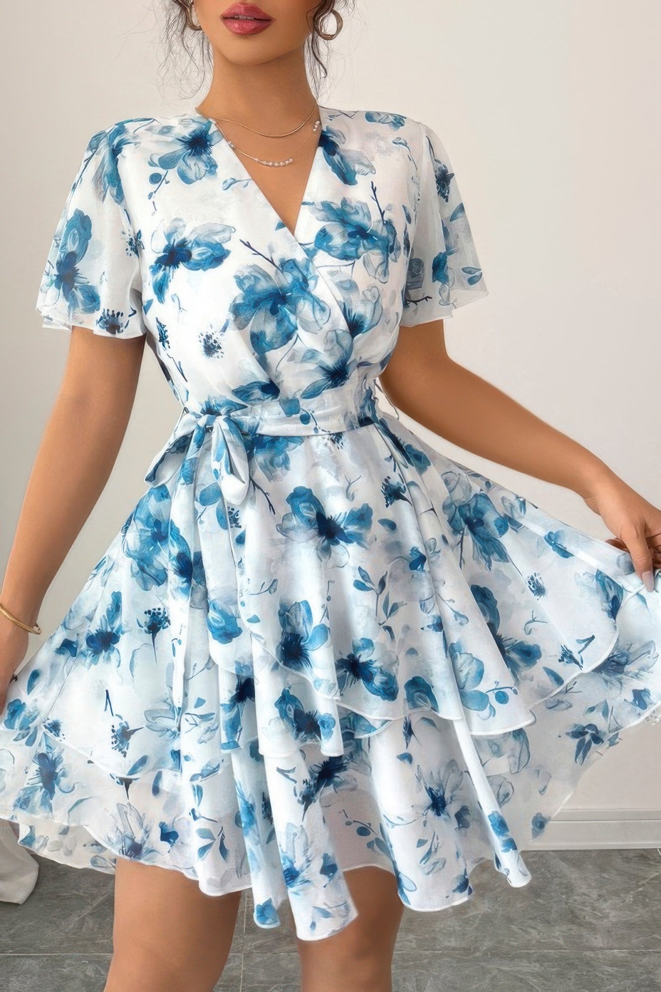 Floral V-Neck Short Sleeve Wrap Tiered Ruffle Mini Dress