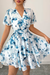 Floral V-Neck Short Sleeve Wrap Tiered Ruffle Mini Dress