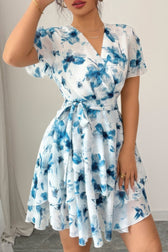 Floral V-Neck Short Sleeve Wrap Tiered Ruffle Mini Dress 2