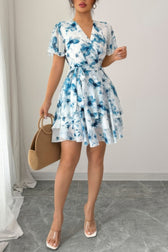 Floral V-Neck Short Sleeve Wrap Tiered Ruffle Mini Dress 4