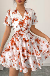 Floral V-Neck Short Sleeve Wrap Tiered Ruffle Mini Dress 5