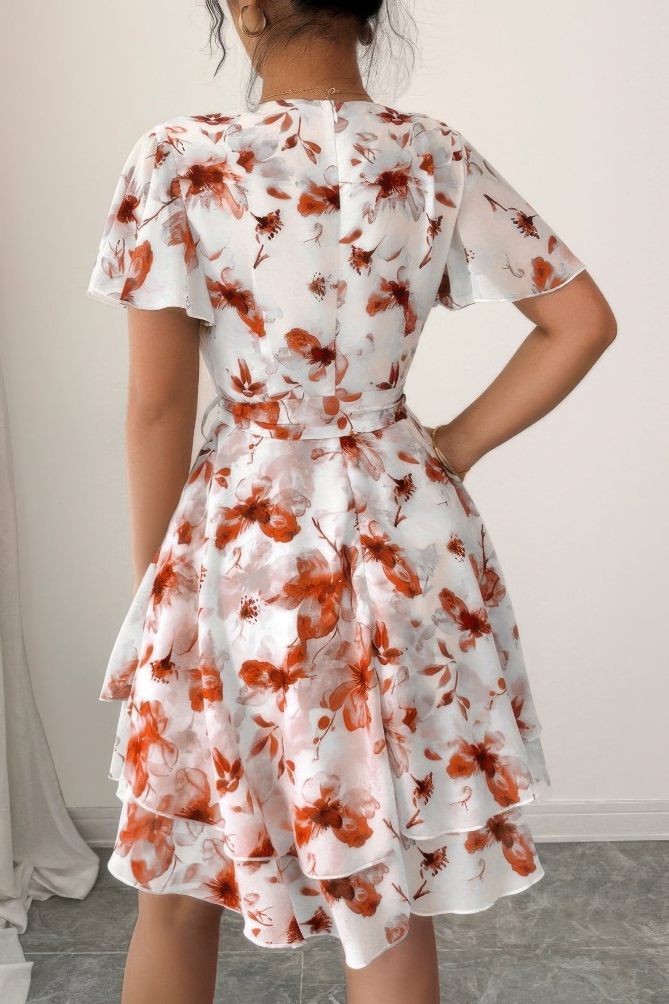 Floral V-Neck Short Sleeve Wrap Tiered Ruffle Mini Dress 7