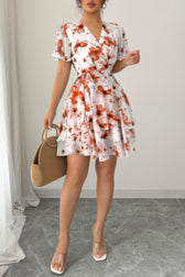 Floral V-Neck Short Sleeve Wrap Tiered Ruffle Mini Dress 8