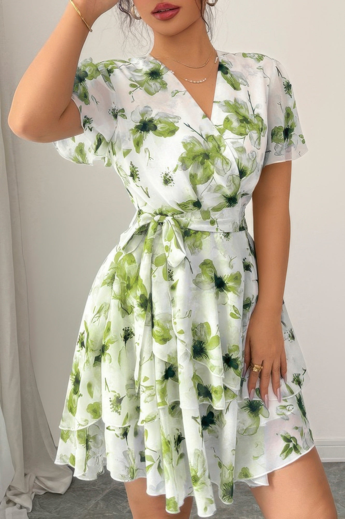 Floral V-Neck Short Sleeve Wrap Tiered Ruffle Mini Dress 10