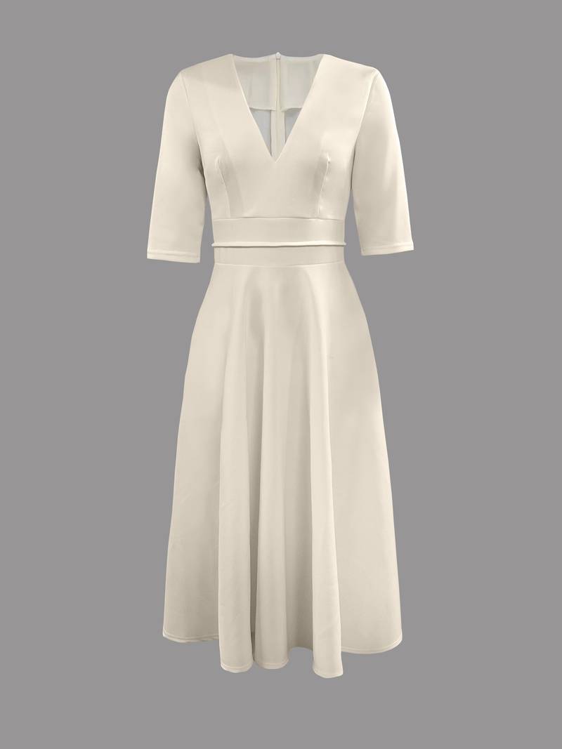 Deep V-Neck Satin Fit and Flare Midi Dress 4