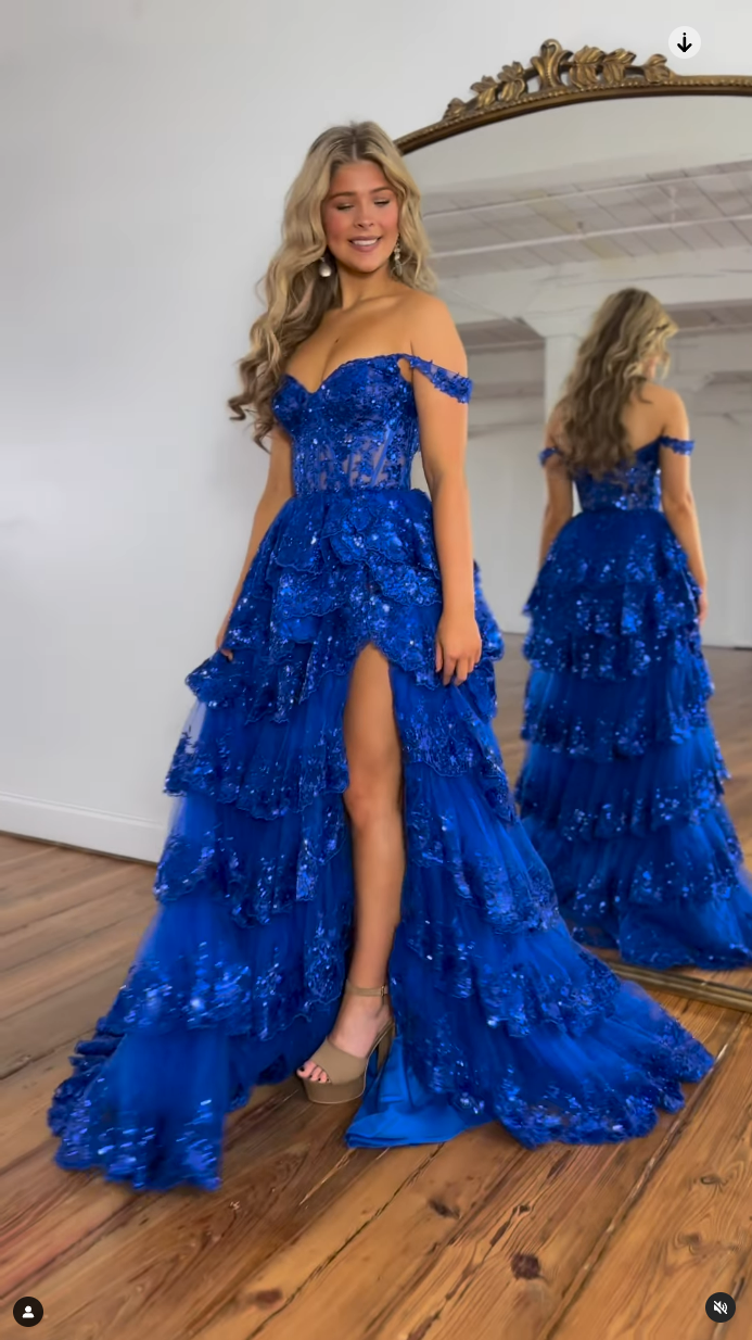 L1938 - Off-Shoulder Sequined Appliqued Sheer Tulle A-Line Long Homecoming Dress
