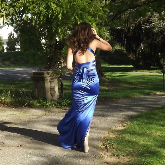 Sexy Blue Sheath Slit Prom Dress Backless Party Evening Dress cc1799