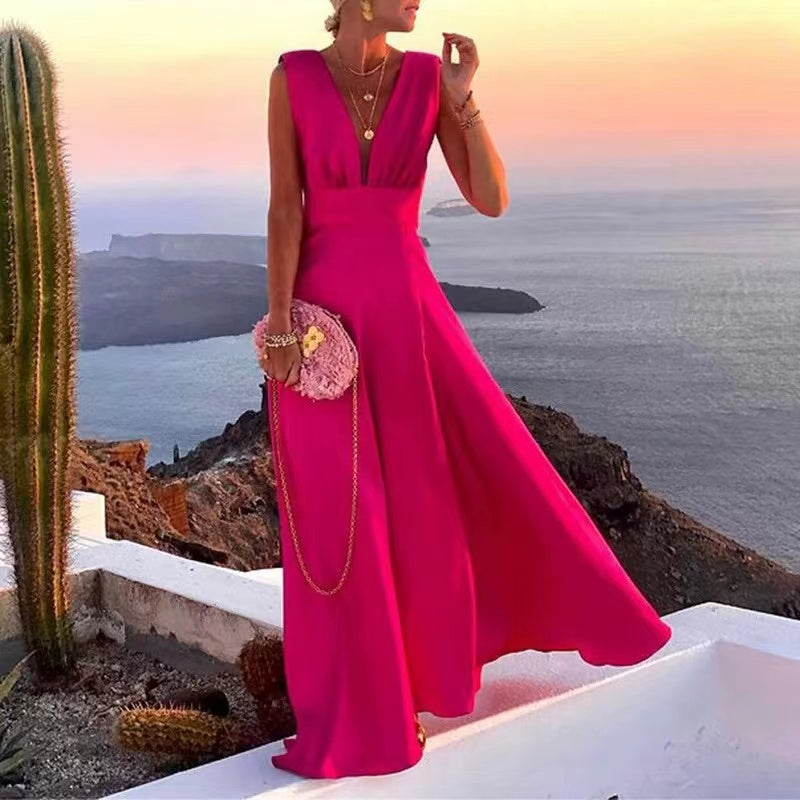 Red Plain Sleeveless Maxi Dress