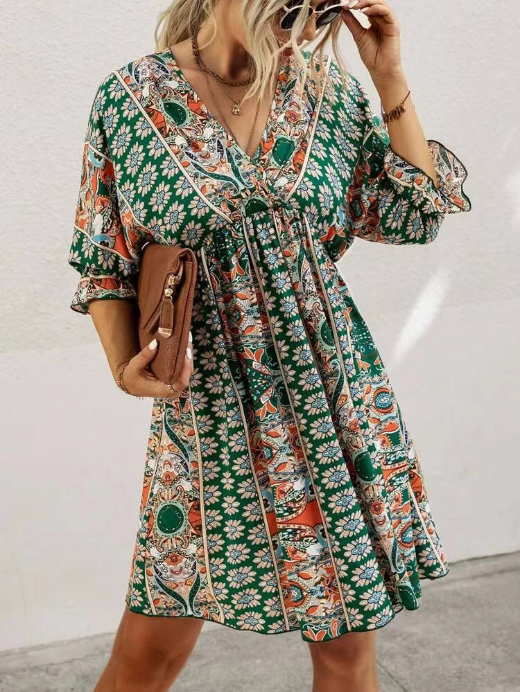 All Over Print Wrap Neck Mini Dress