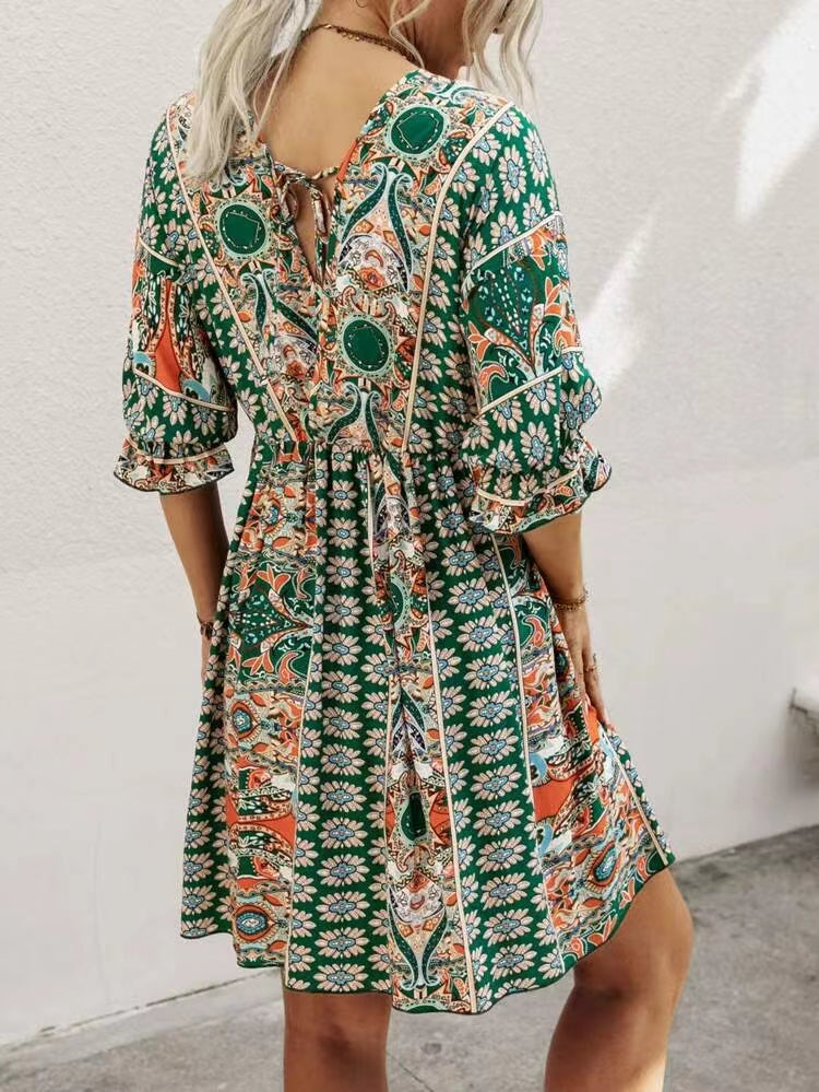 All Over Print Wrap Neck Mini Dress