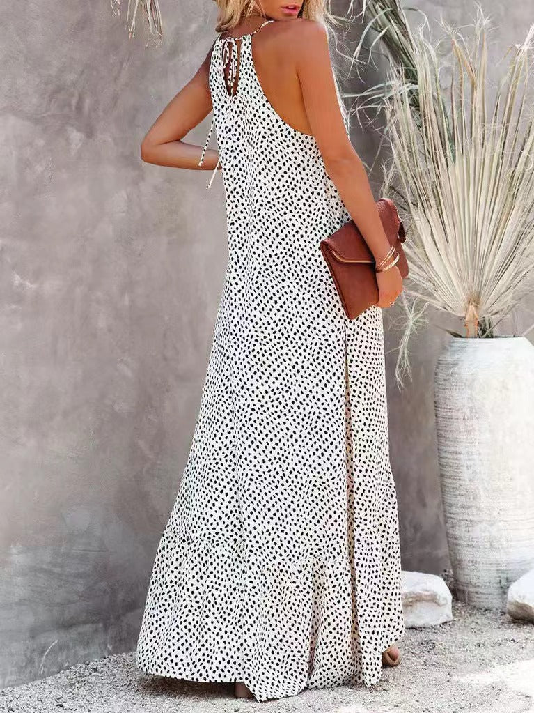 Polka Dot Printed High Low Ruffle Maxi Dress