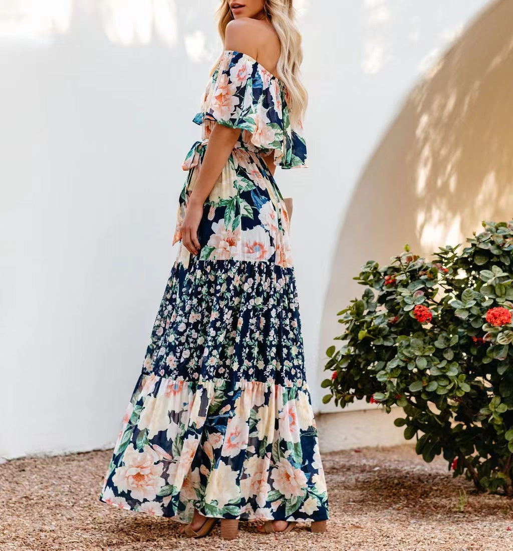 Elegant Off the Shoulder Print Maxi Dresses