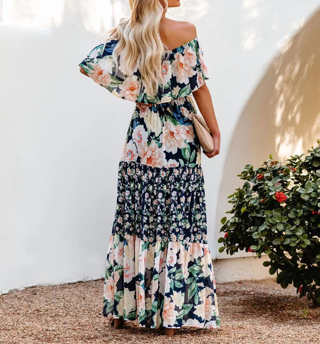 Elegant Off the Shoulder Print Maxi Dresses