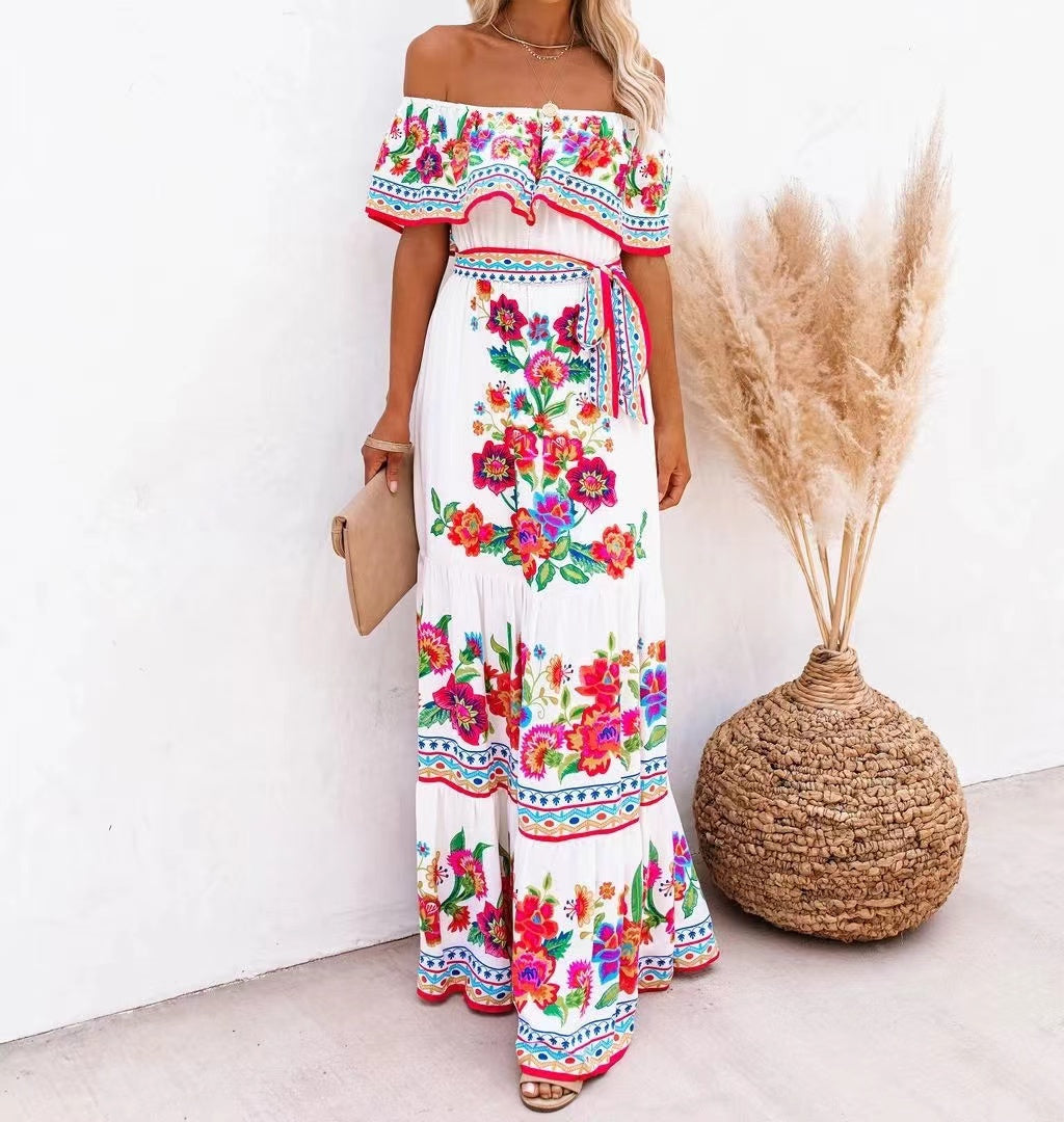Elegant Off the Shoulder Print Maxi Dresses