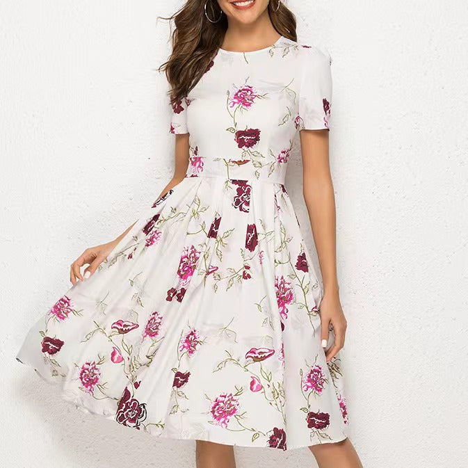 Printed Dress Short Sleeve Round Neck Elegant Dress