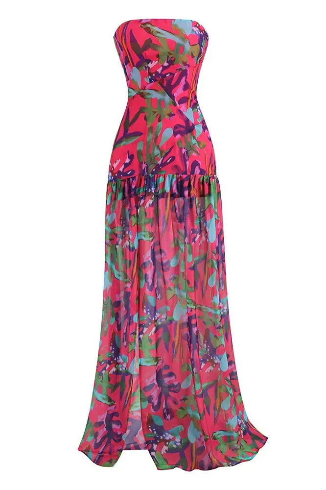 Tropical Print Strapless Draped Bodice Mesh Skirt High Split Maxi Dress 5