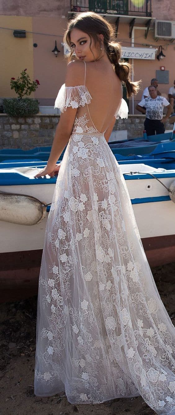Deep V-Neck Lace Off Shoulder Ruffle Cap Sleeve Maxi Gown