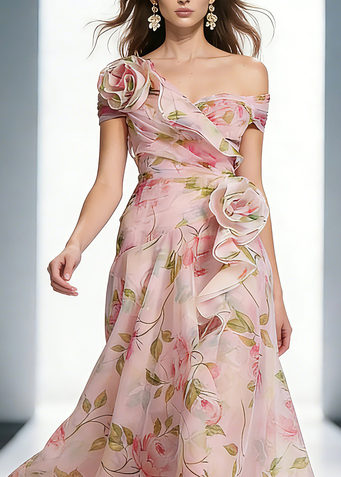 Wedding Pink Ruffled Print Organza Long Dress Summer