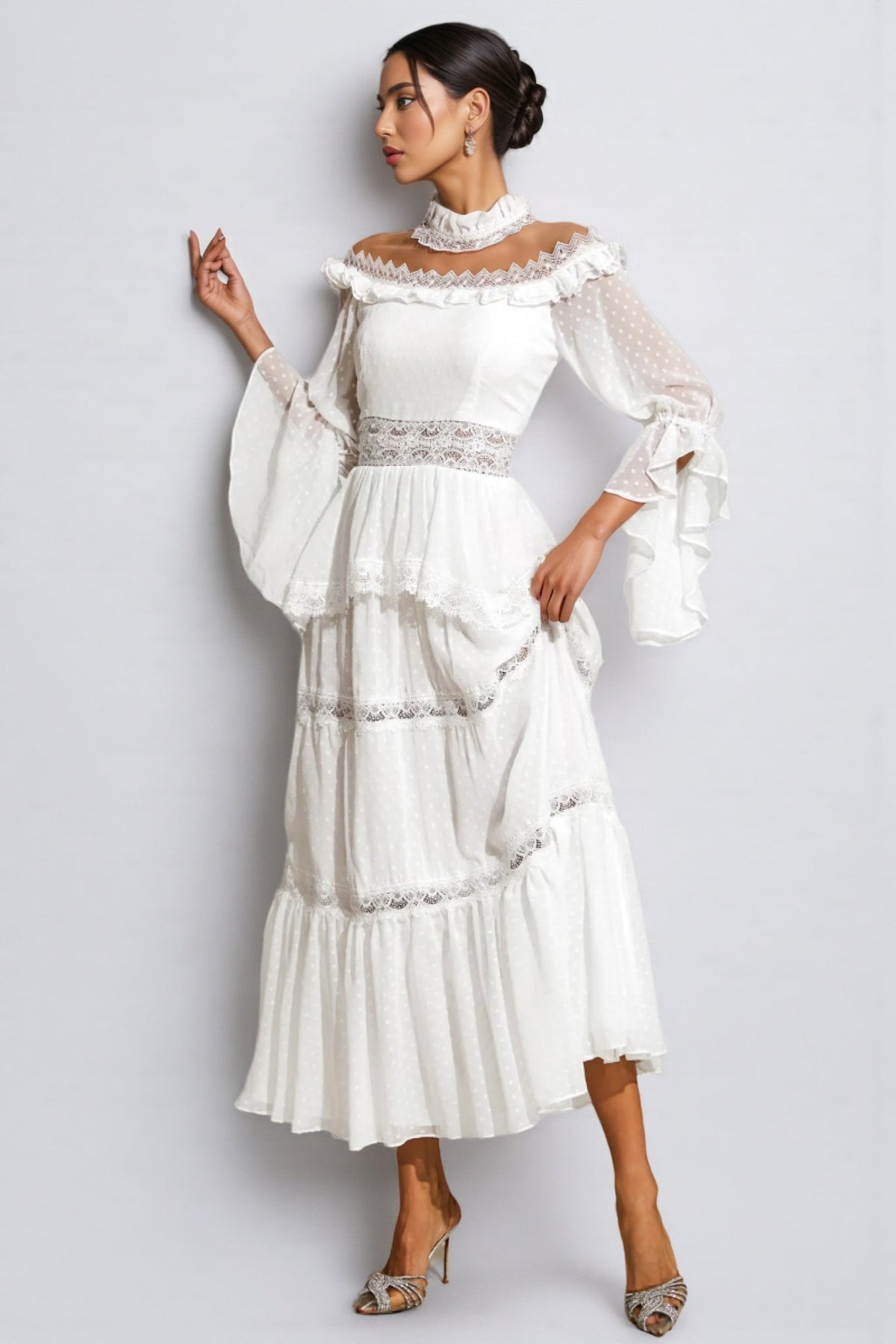 Lace Trim Mock Neck Flare Sleeve Tiered Ruffle Maxi Dress 4